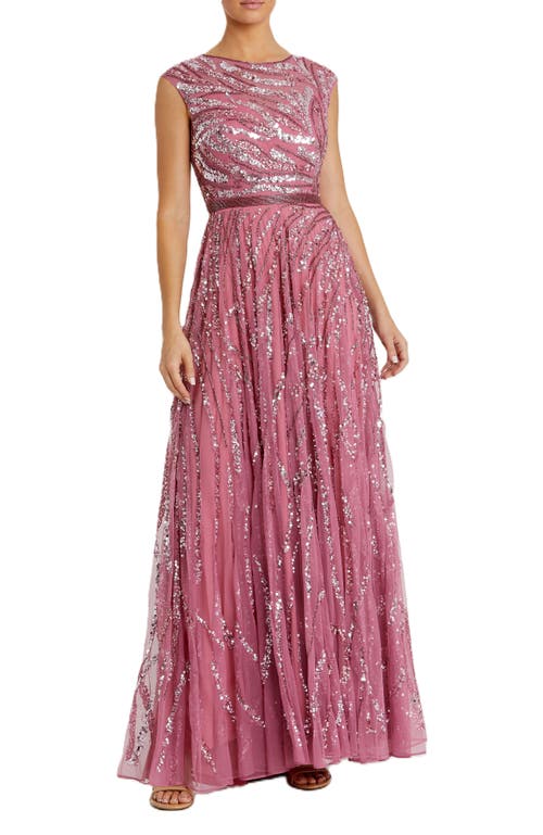 Mac Duggal Sequined Cap Sleeve Boat Neck Gown In Plum