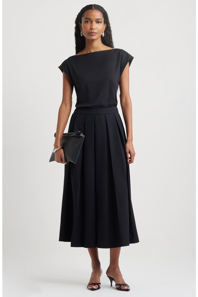 Pleated Midi Skirt, Alternate, color, BLACK
