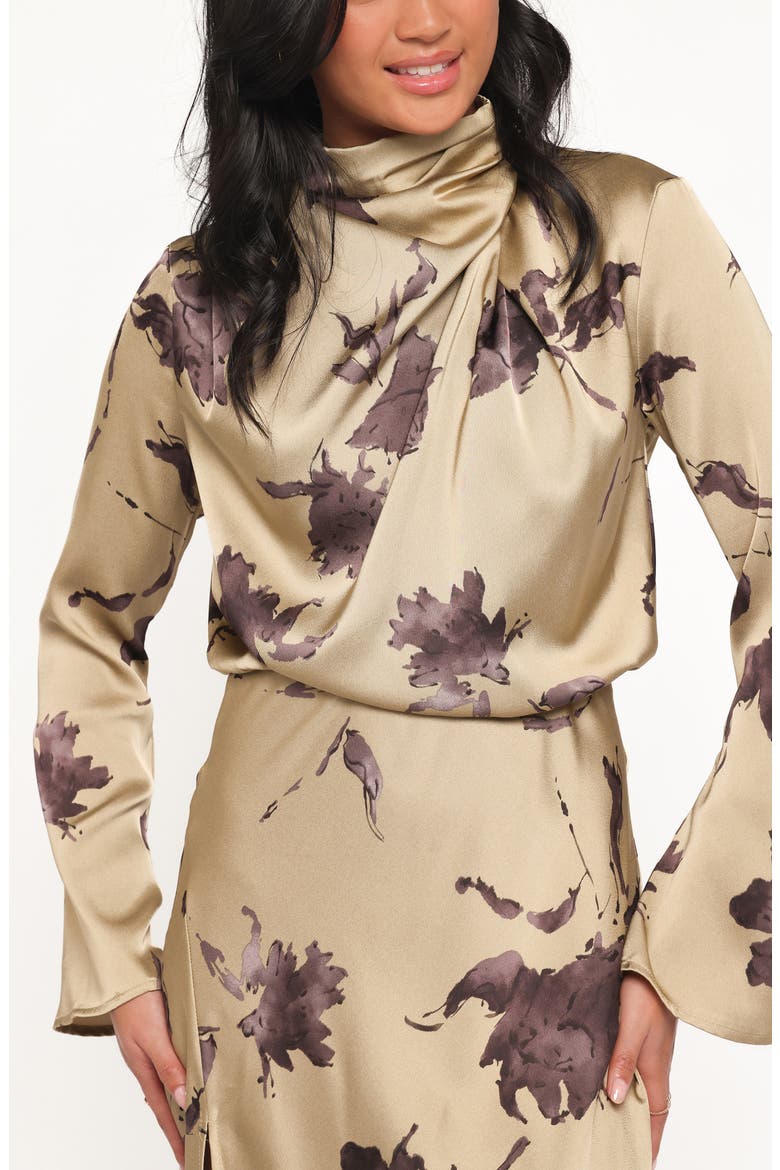 Kristyn Long Sleeve Cowl Neck Satin Dress, Alternate, color, OLIVE FLORAL
