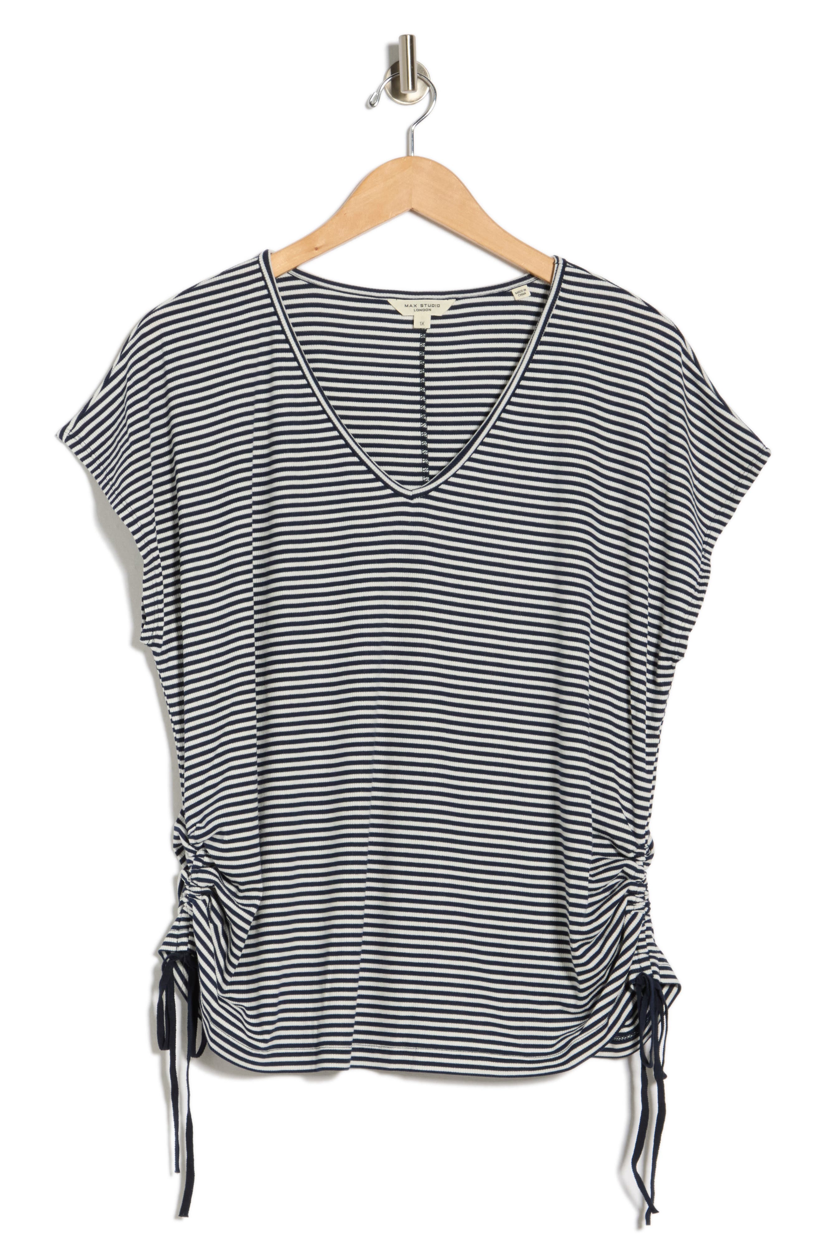 Max Studio Stripe Cap Sleeve Cinch Side T-shirt