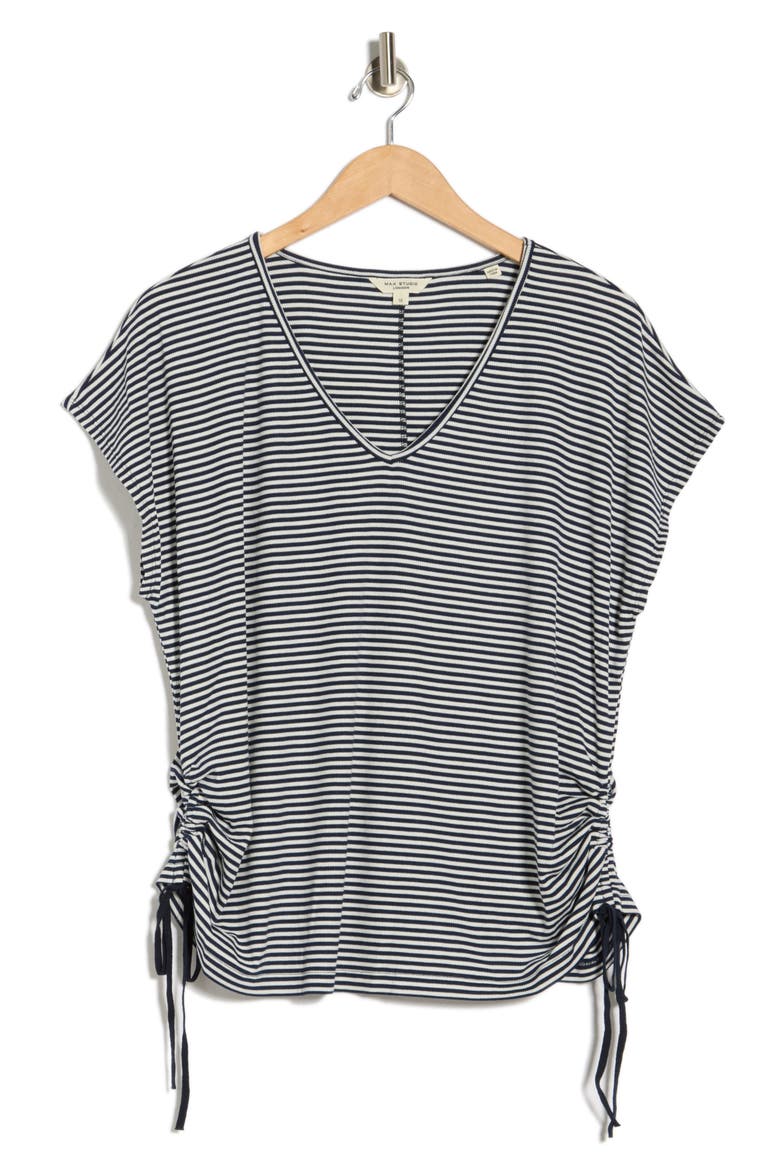 Stripe Cap Sleeve Cinch Side T-Shirt, Alternate, color, NAVY/ ECRU STRIPE