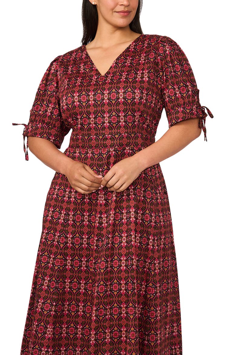 Paisley Balloon Sleeve Stretch Cotton Midi Dress, Alternate, color, RICH BLACK/ BURGUNDY