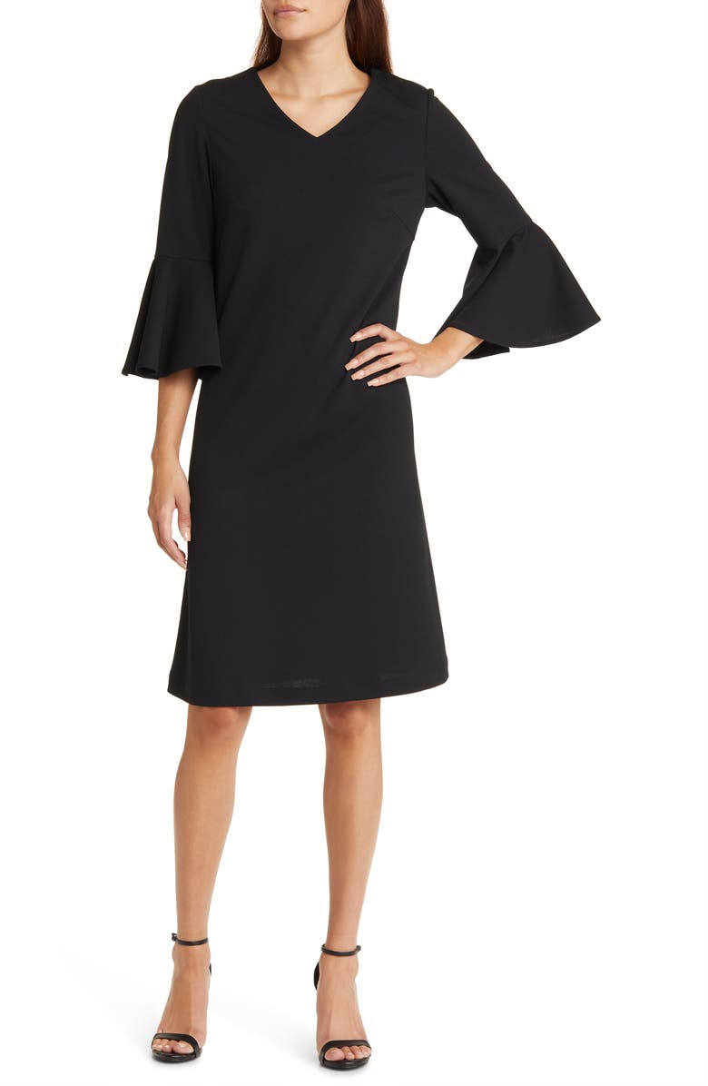 Ming Wang Deco Bell Sleeve Crêpe de Chine Shift Dress, Main, color,