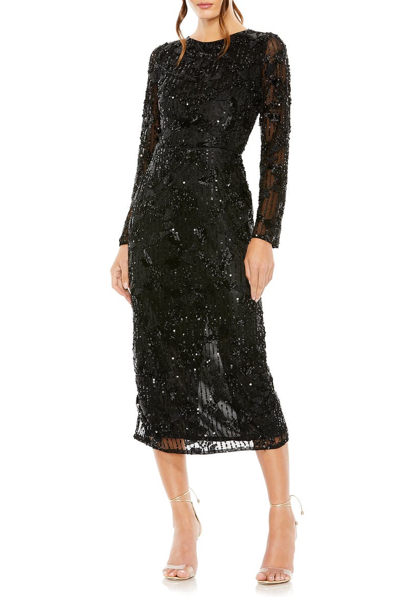 High Neck Long Sleeve Embellished Dress, Main, color, BLACK