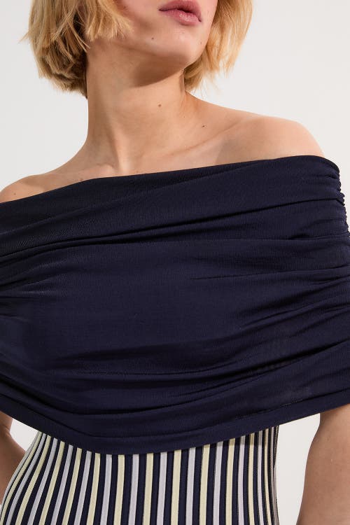 Karen Millen Striped Bardot Knitted Maxi Dress In Blue