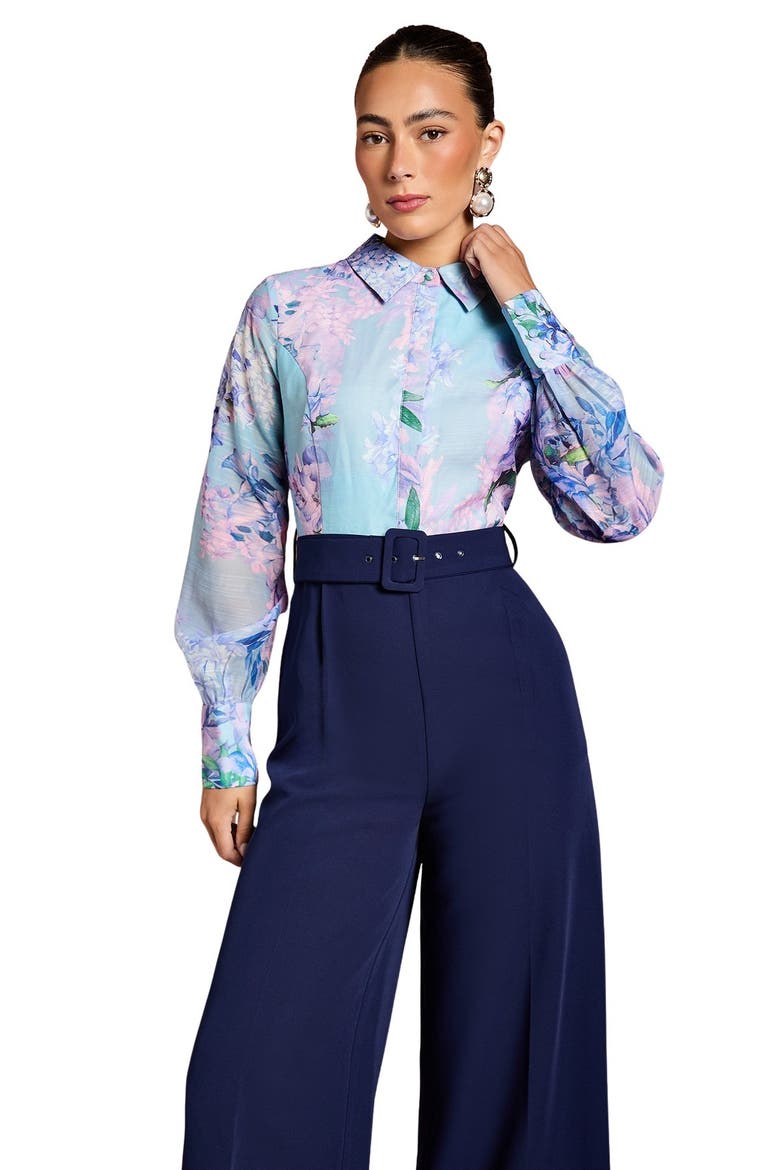 Collared Wide Leg Belted Jumpsuit, Alternate, color, Navy