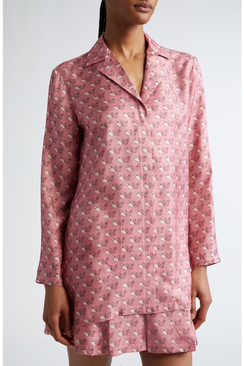 Alpe Kitty Print Silk Twill Button-Up Shirt, Alternate, color, PEONY