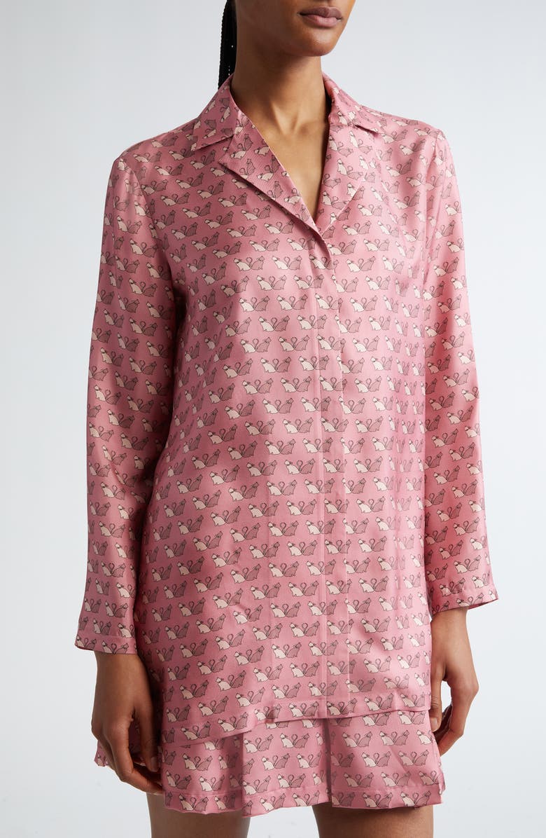 Max Mara Studio Alpe Kitty Print Silk Twill Button-Up Shirt, Alternate, color, 