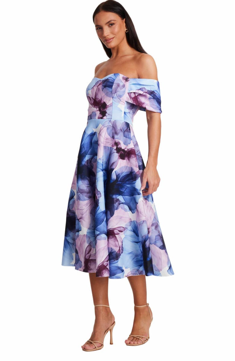 QUIZ Scuba Knit Floral Print Bardot Midi Skater Dress, Alternate, color, 