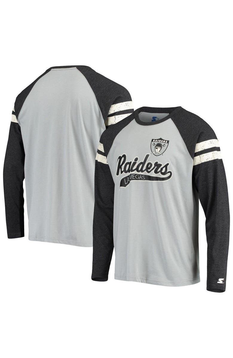 STARTER Men's Starter Silver/Black Las Vegas Raiders Throwback League Raglan Long Sleeve Tri-Blend T-Shirt, Main, color, Silver