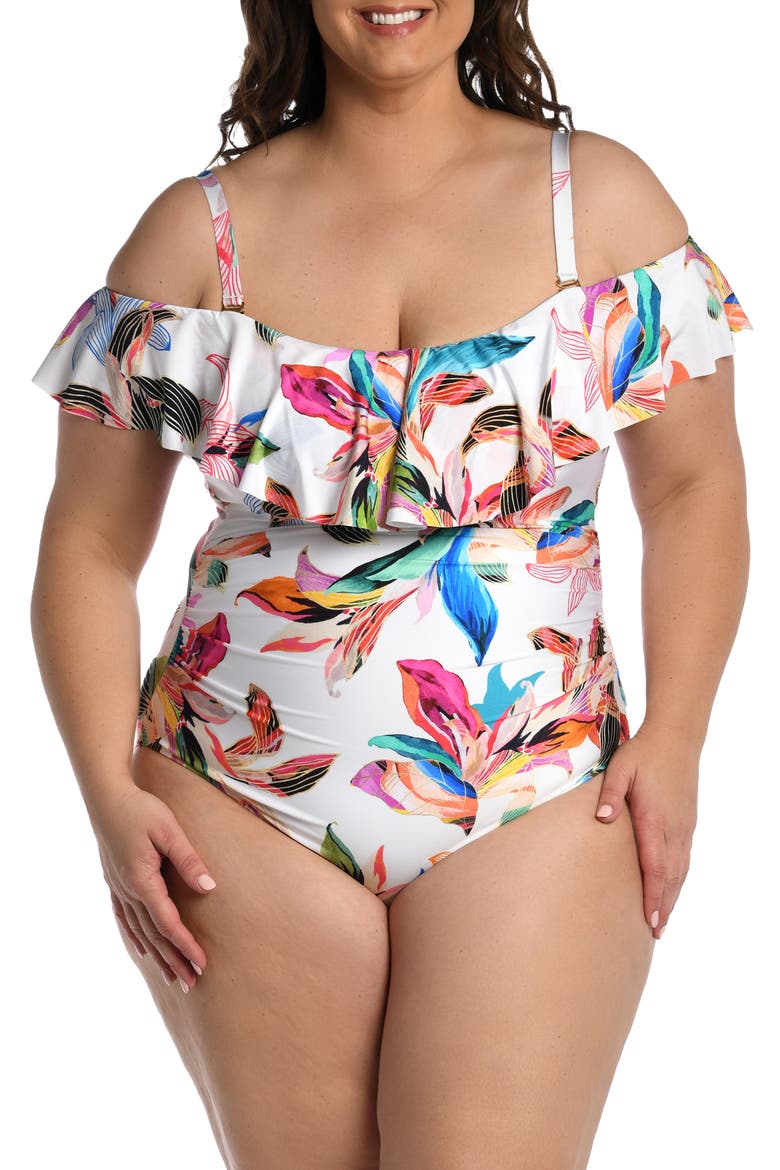 Paradise Ruffle Cold Shoulder Mio One-Piece Swimsuit, Main, color, MULTI