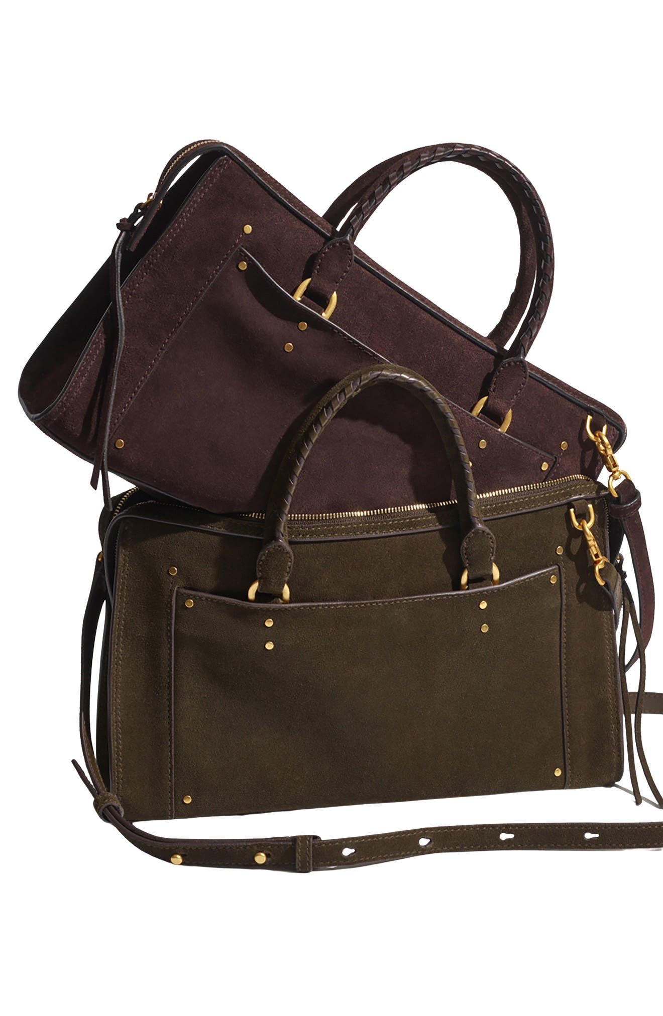 Large Studded Suede Satchel, Alternate, color, DRIED OLIVE
