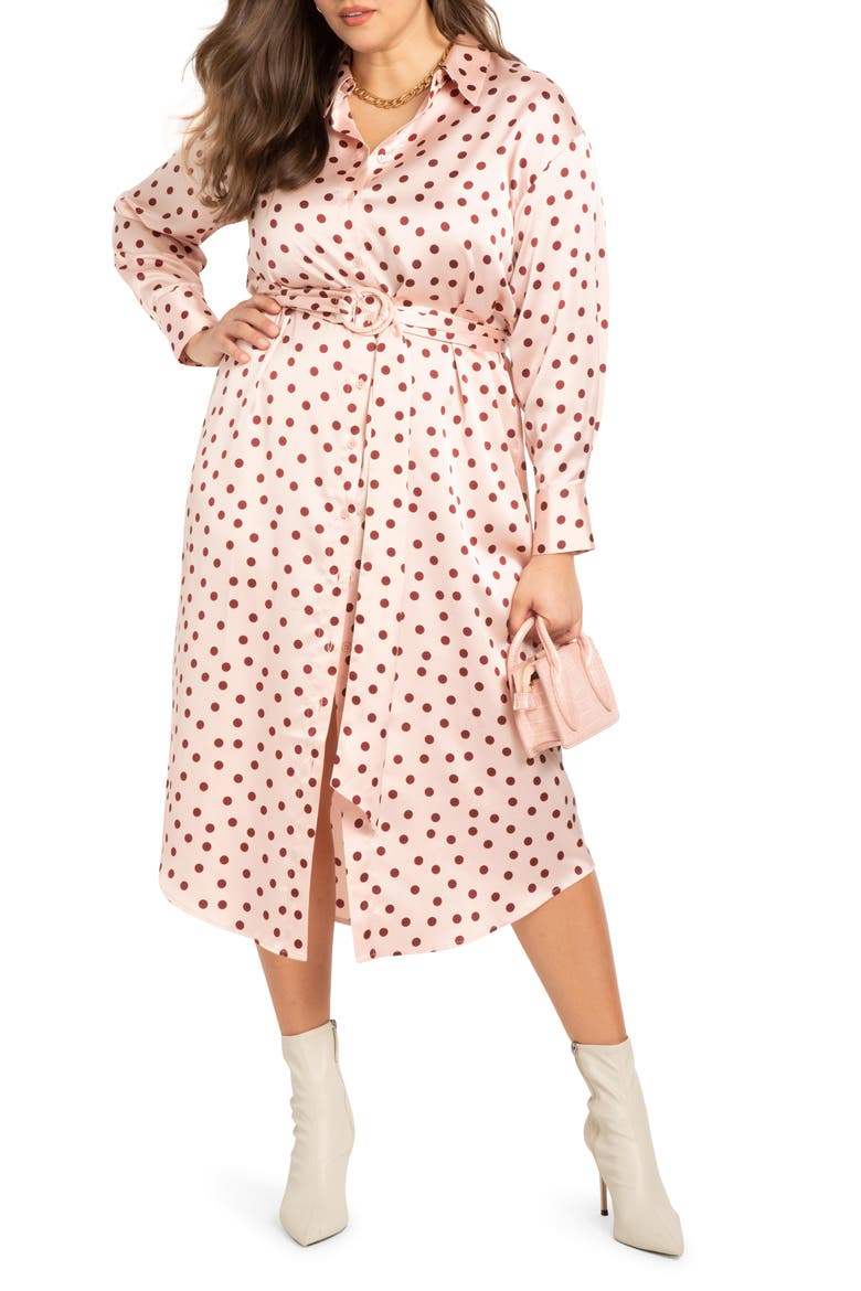 Polka Dot Long Sleeve Satin Shirtdress, Main, color, LOVE STRUCK-SAND