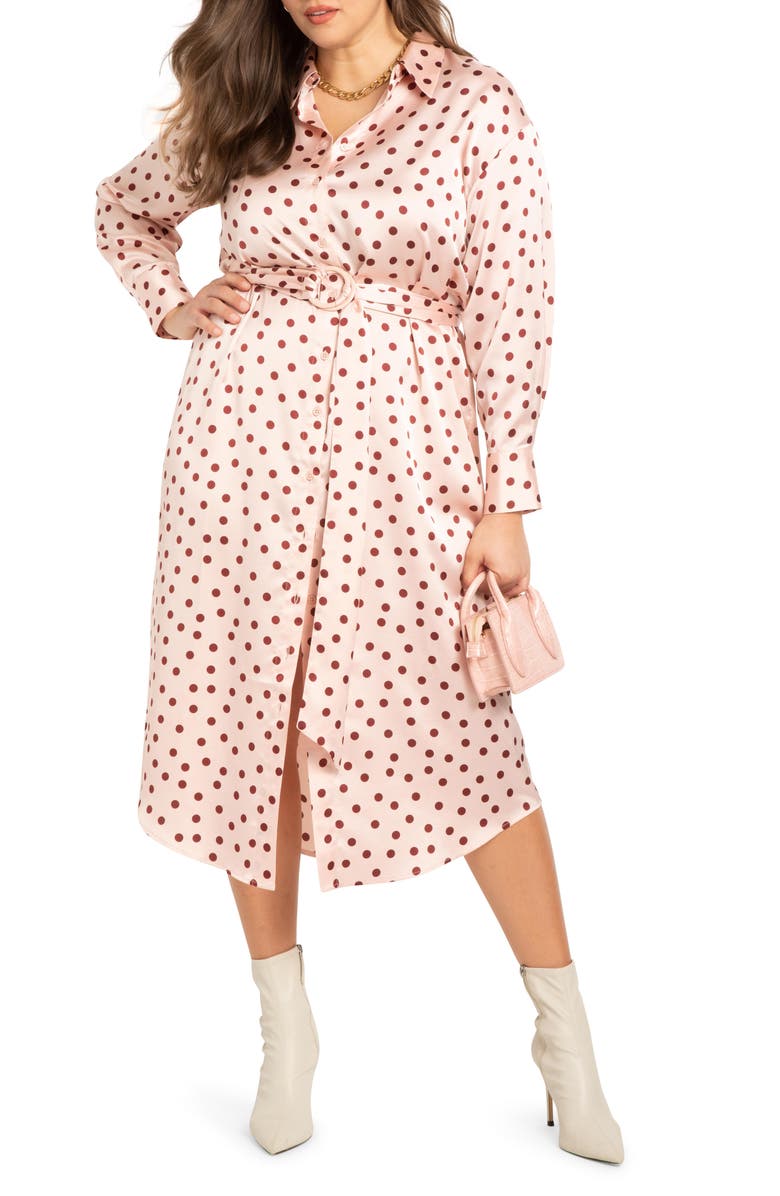 ELOQUII Polka Dot Long Sleeve Satin Shirtdress, Main, color,