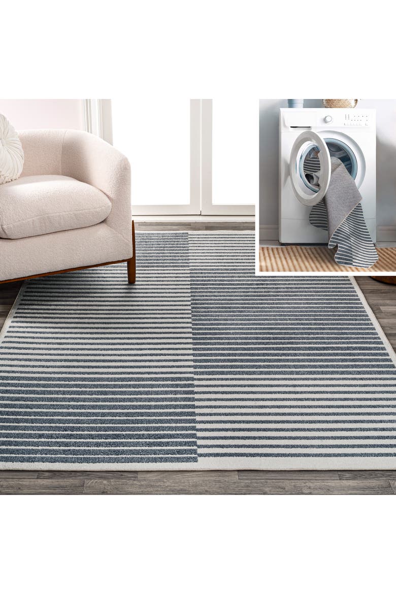 Shutter Minimalist Striped Plaid Machine-Washable Area Rug, Main, color, Dark Gray/Cream