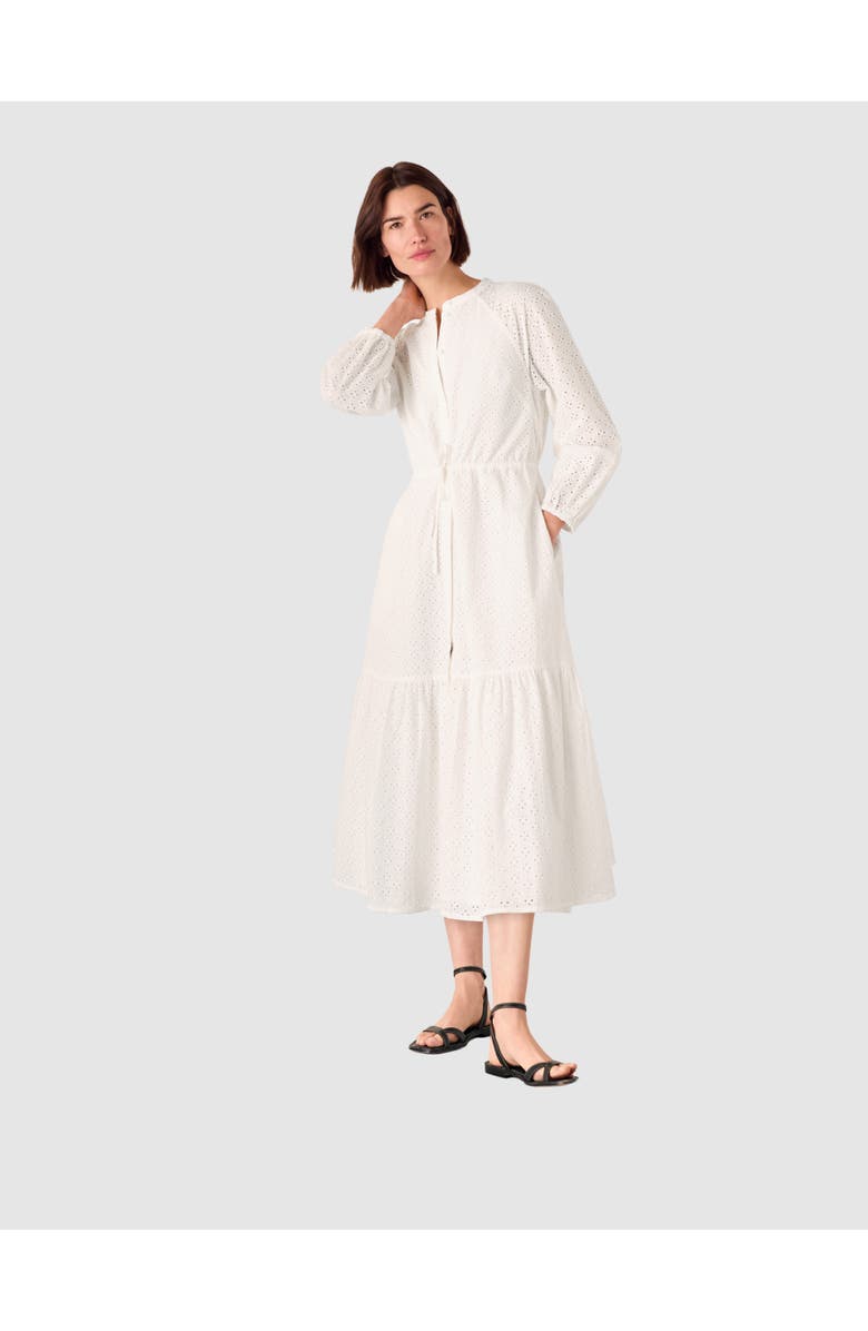 Whistles Long Sleeve Broderie Midi Dress, Main, color, White