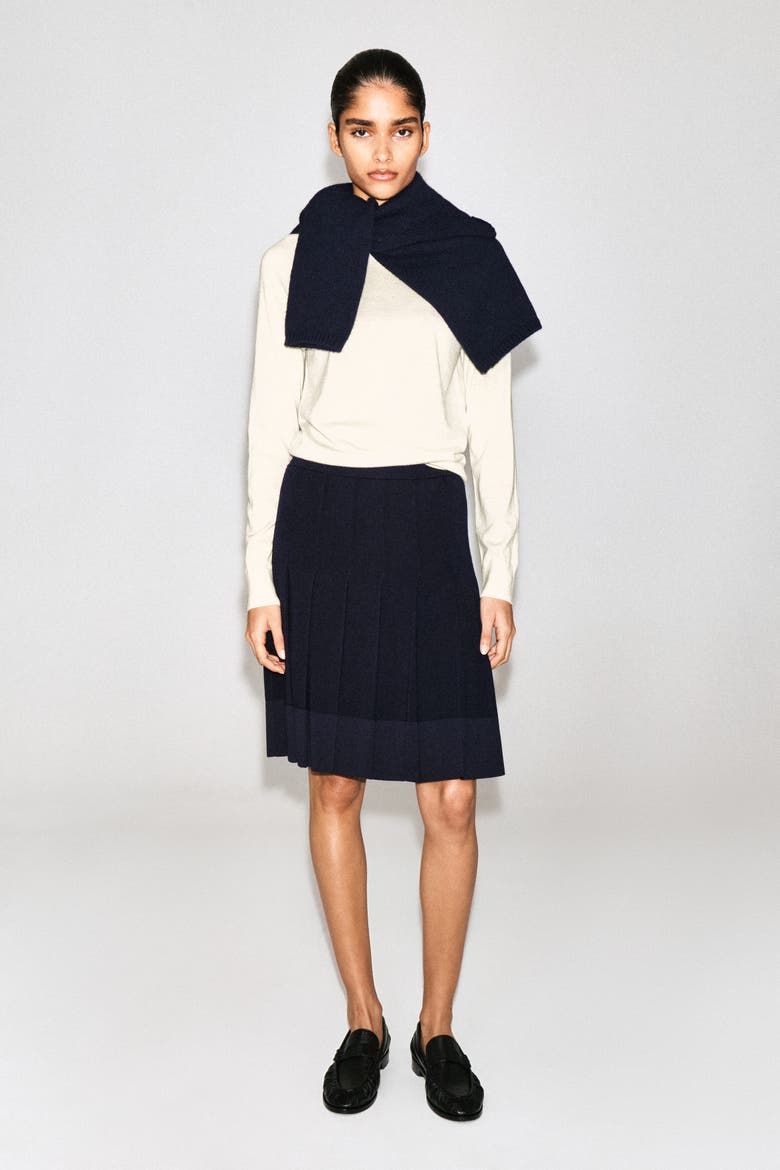 Pleated Merino Wool Midi Skirt, Alternate, color, NAVY