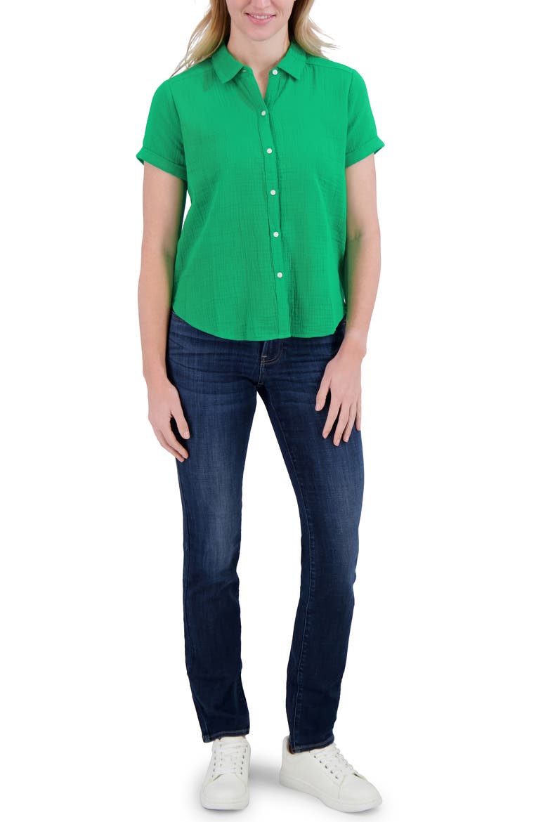 Short Sleeve Cotton Gauze Button-Up Shirt, Alternate, color, JELLY BEAN