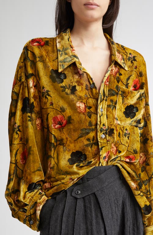 R13 Drop Neck Oversize Floral Velvet Button-up Shirt In Yellow