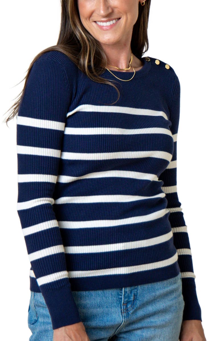 Hope & Henry Women's Crew Neck Button Sweater, Alternate, color, Navy Breton Stripe