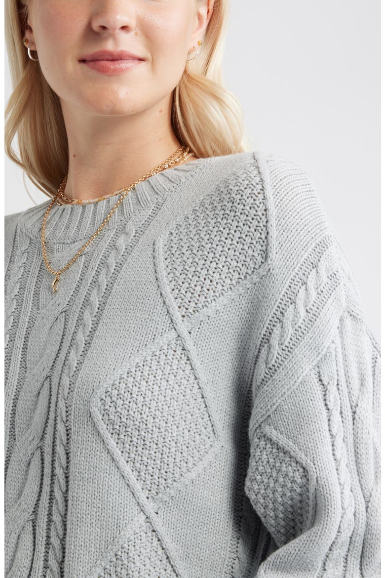 Cabled Oversize Cotton Blend Crewneck Sweater, Alternate, color, GREY SOFT HEATHER