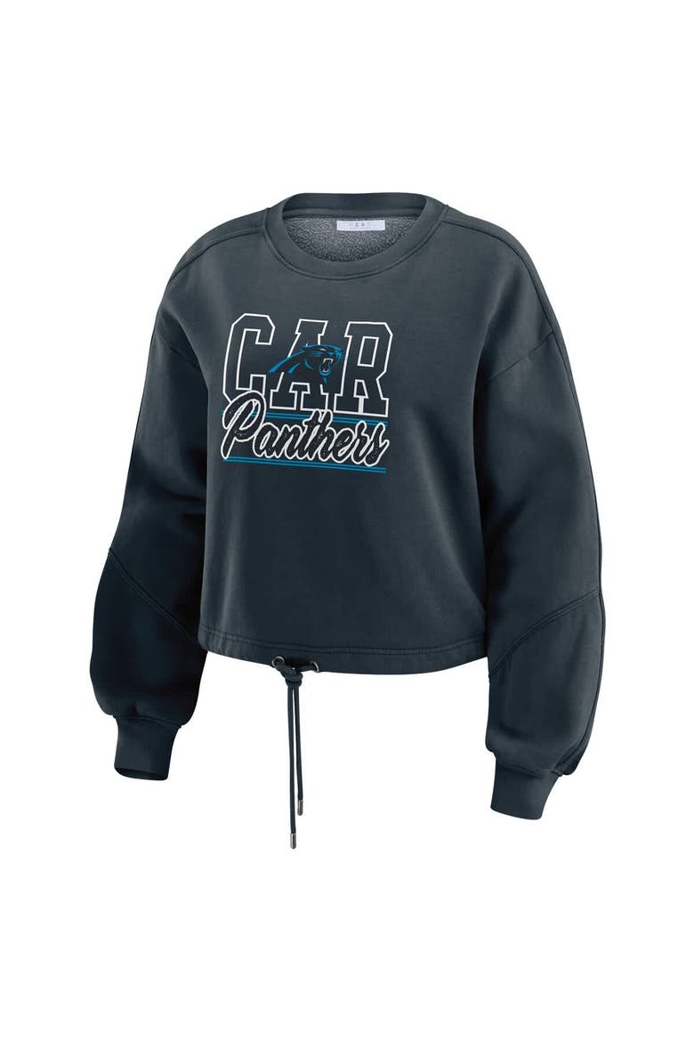 Women's WEAR by Erin Andrews Black Carolina Panthers Washed Fleece Long Sleeve T-Shirt & Shorts Lounge Set, Alternate, color, Black