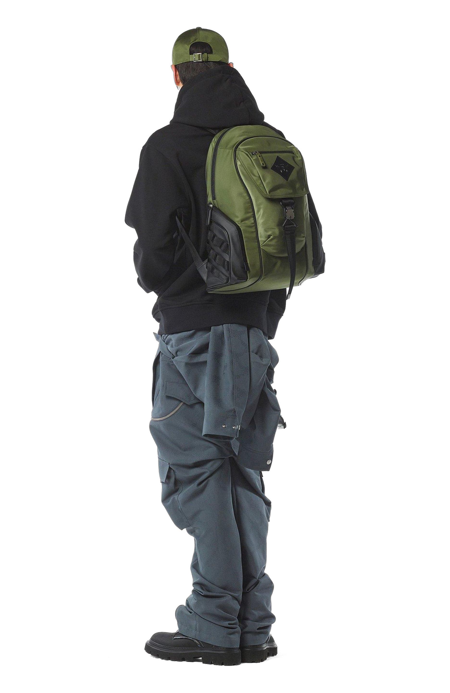MCM Aren Backpack in ECONYLÂ<sup>®</sup> and Monogram Print Leather, Alternate, color, Khaki Moss