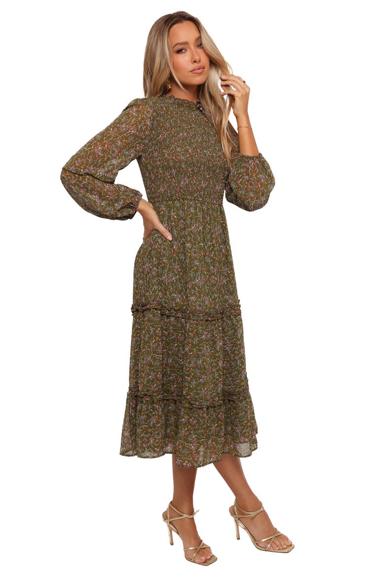 Edwina Floral Long Sleeve Tiered Midi Dress, Alternate, color, OLIVE FLORAL