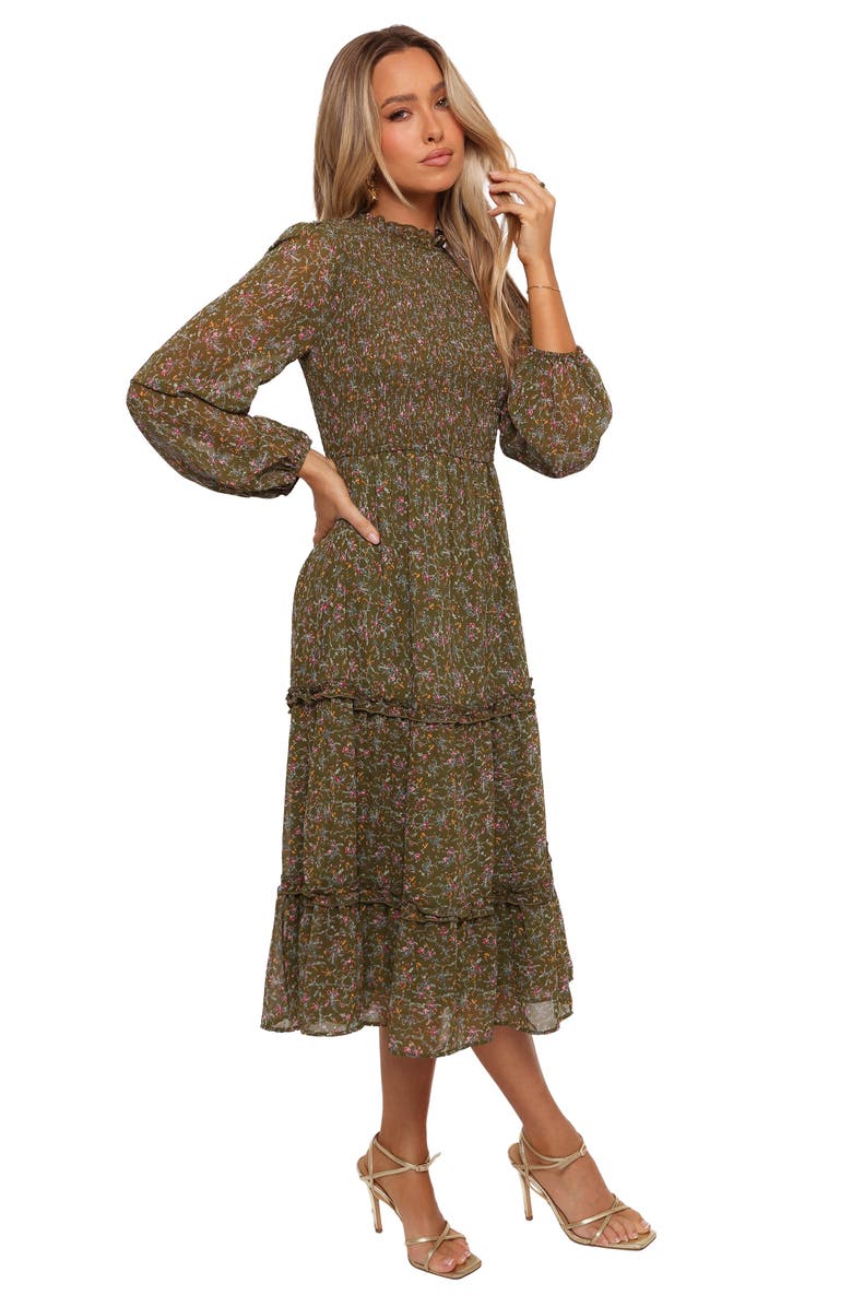 Petal & Pup Edwina Floral Long Sleeve Tiered Midi Dress, Alternate, color, Olive Floral