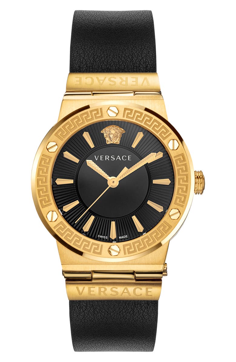 Versace Greca Logo Leather Strap Watch, 38mm, Main, color,