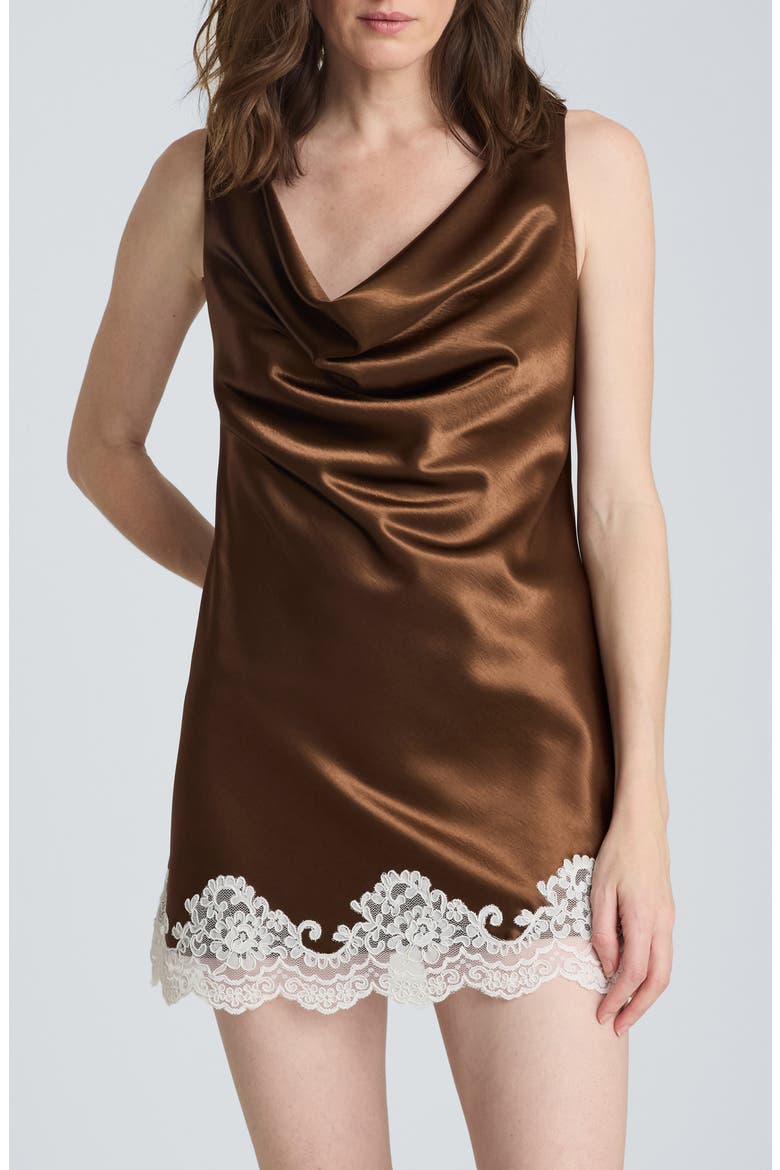 Tie Back Lace Trim Satin Minidress, Alternate, color, BRUNETTE