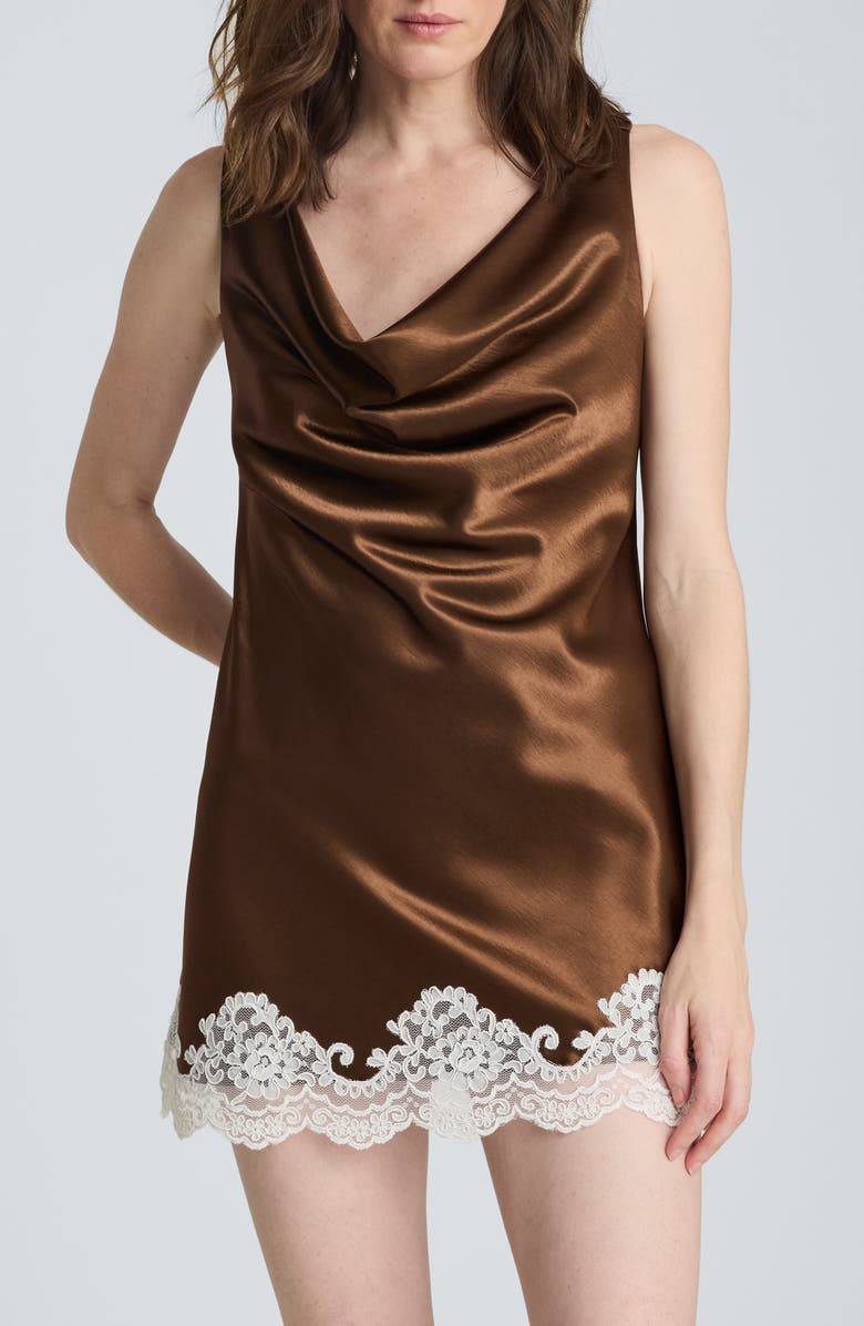 Kenneth Cole Tie Back Lace Trim Satin Minidress, Alternate, color, Brunette