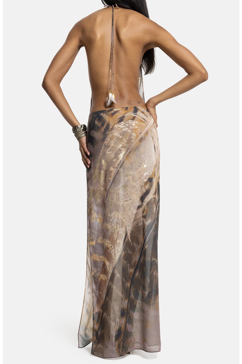 Feather Print Halter Neck Slipdress, Alternate, color, BROWN