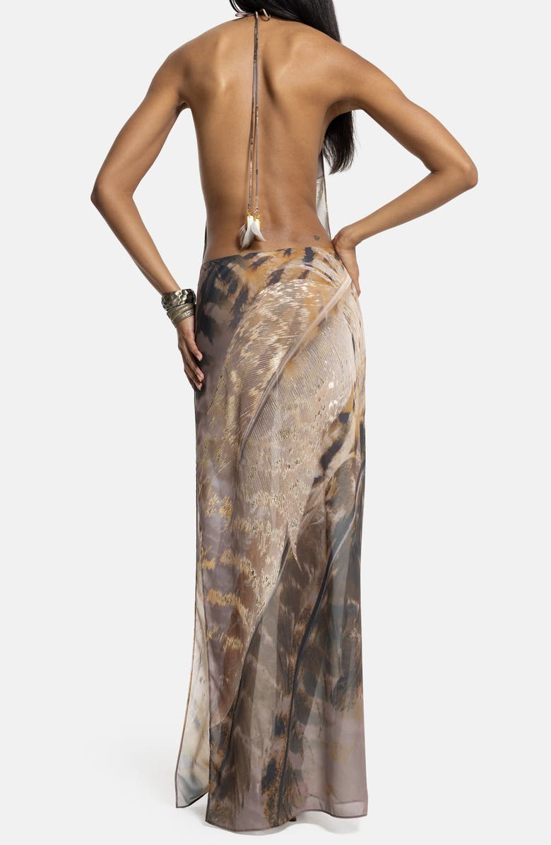 JADED LONDON Feather Print Halter Neck Slipdress, Alternate, color, Brown