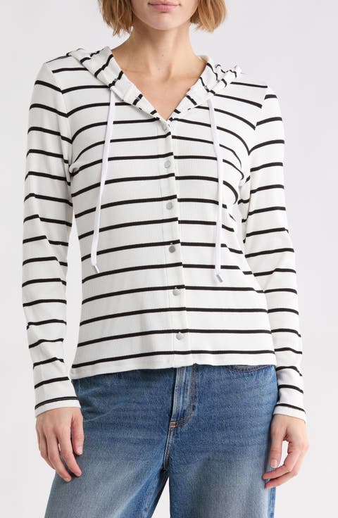Striped Rib Button Front Hoodie