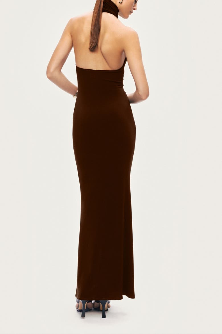 Halter-Neck Draped Maxi Dress, Alternate, color, Brown