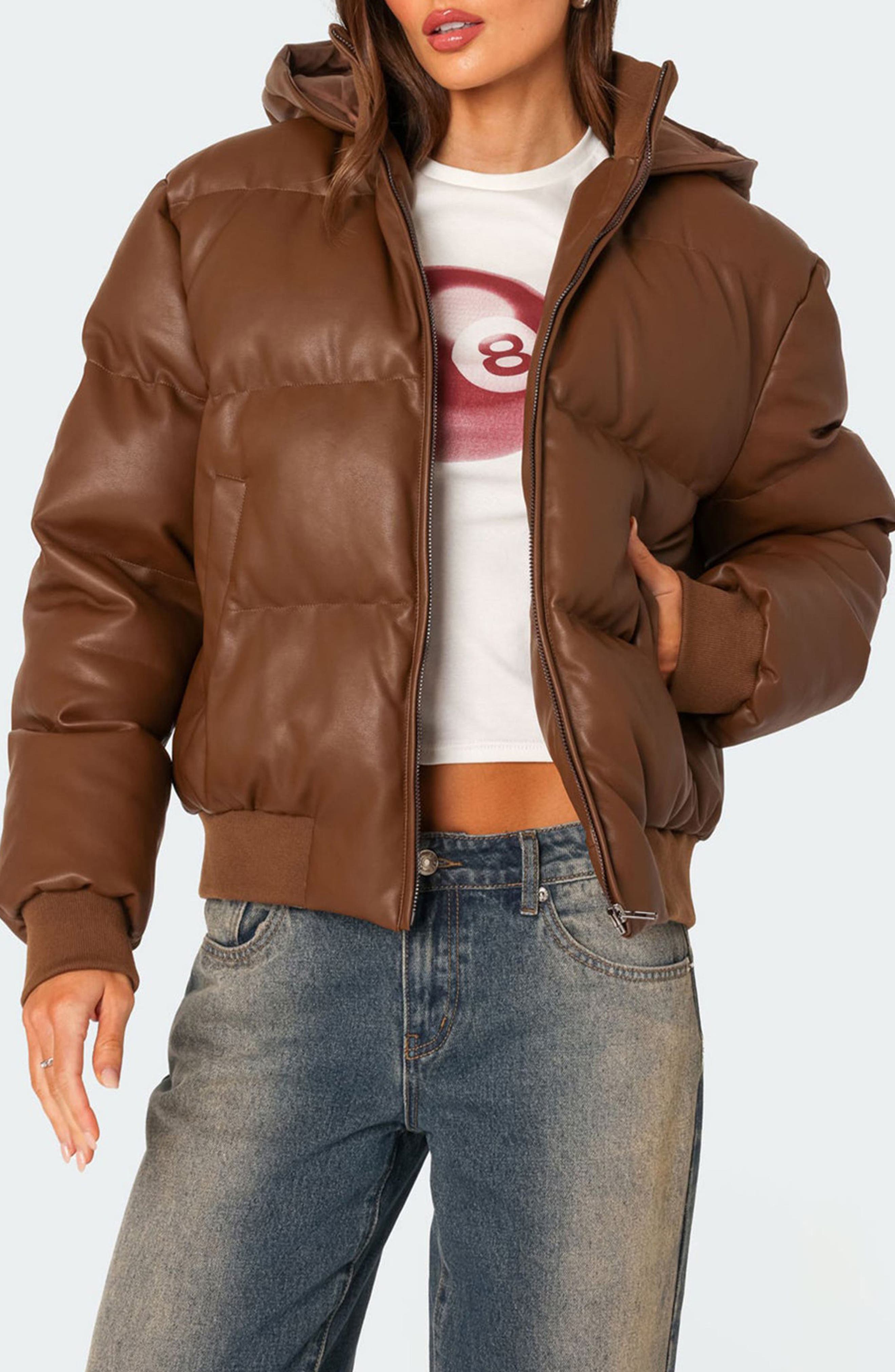Wintry Faux Leather Hooded Puffer Jacket
