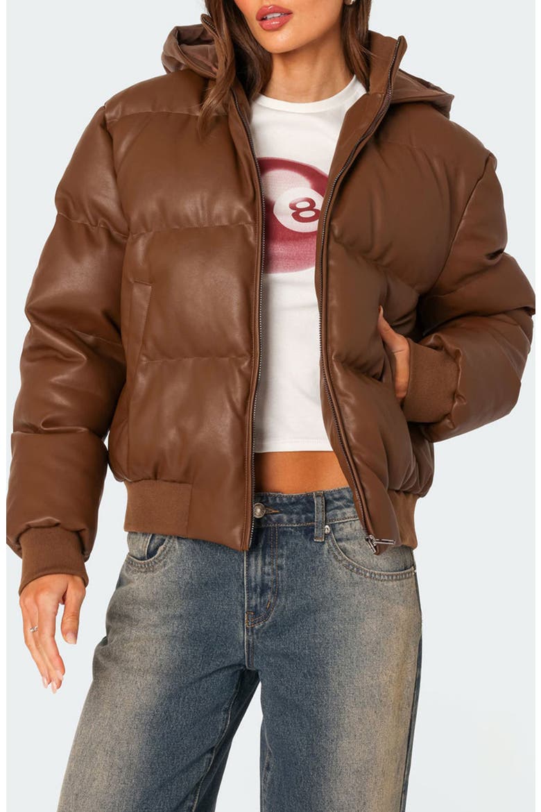 Wintry Faux Leather Hooded Puffer Jacket, Main, color, BROWN