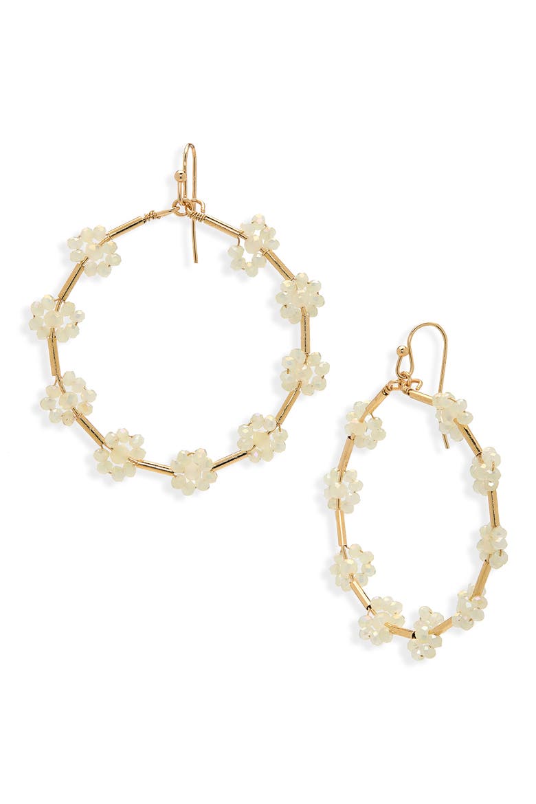 Beaded Flower Hoop Earrings, Main, color, IVORY