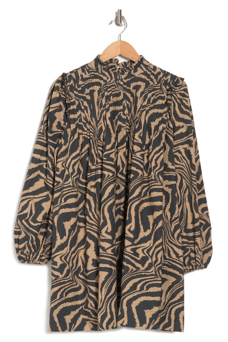 Tiger Stripe Long Sleeve Babydoll Minidress, Alternate, color, TANNIN