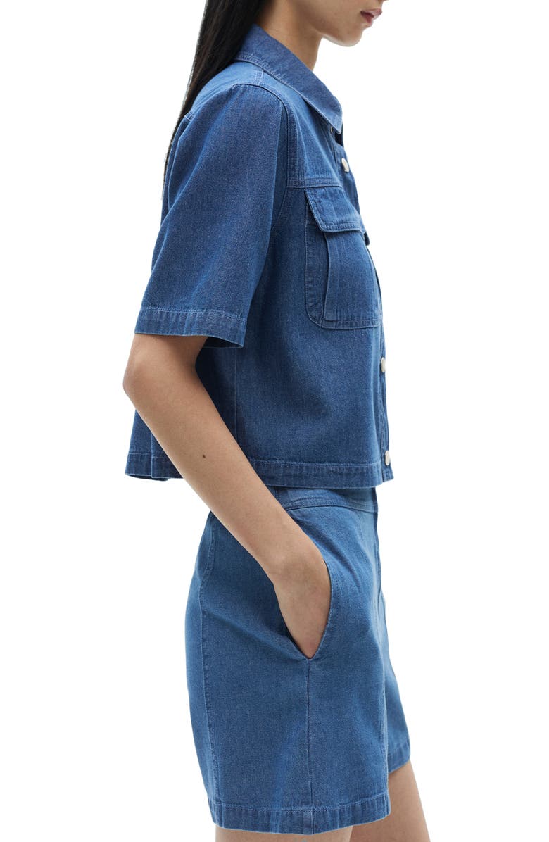 MANGO Crop Short Sleeve Denim Shirt, Alternate, color, Medium Blue