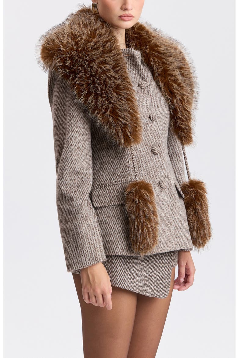 Chevron Blazer with Detachable Faux Fur Scarf, Alternate, color, GREY/ WHITE