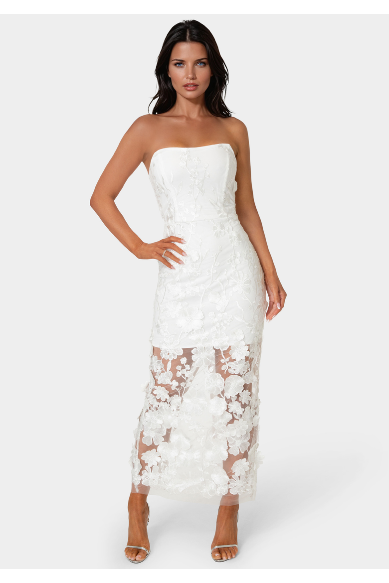 Strapless 3D Lace Column Dress, Main, color, White