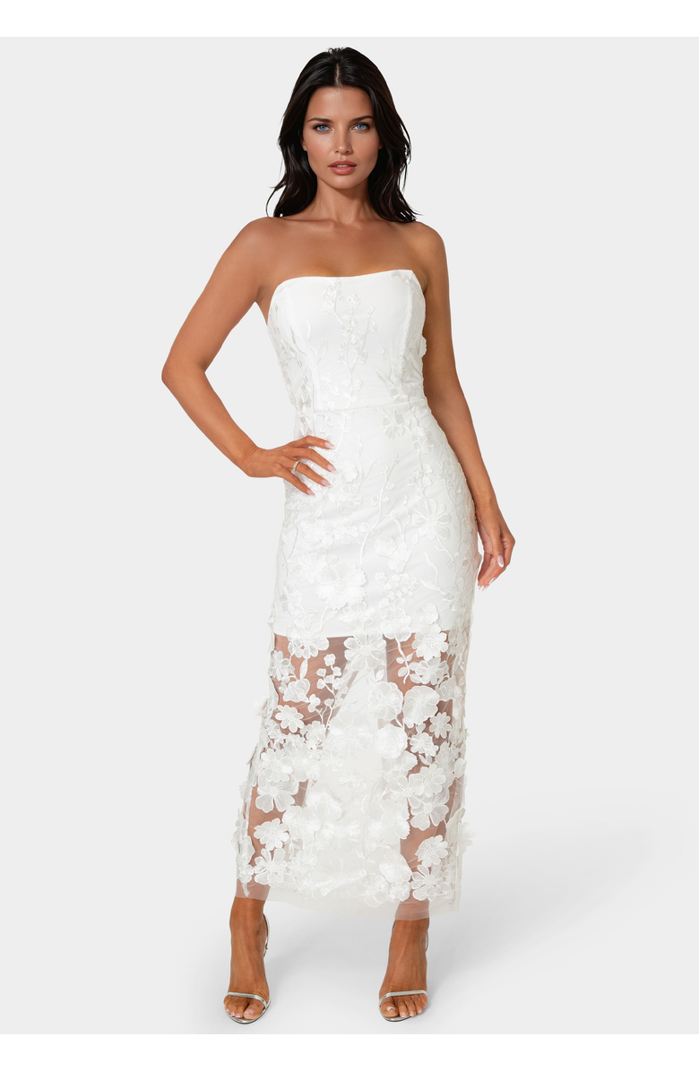 bebe Strapless 3D Lace Column Dress, Main, color, White