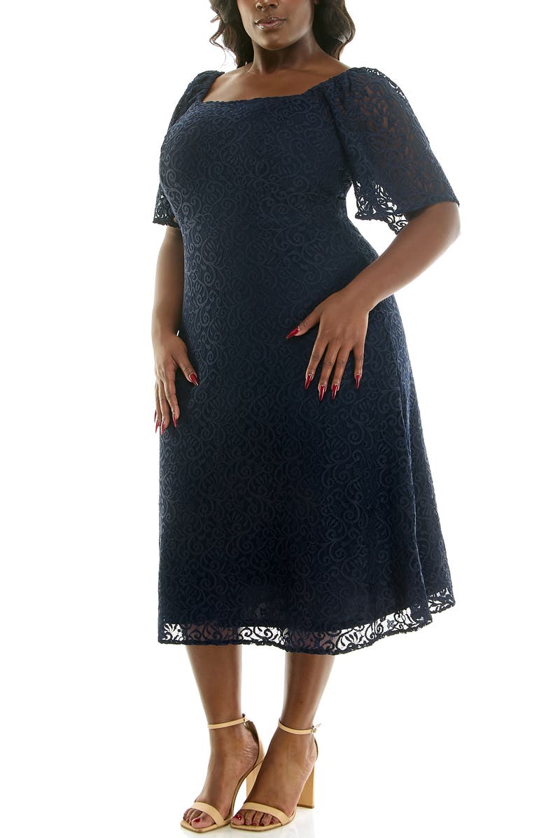 Nina Leonard Lace Flutter Sleeve Midi Dress, Alternate, color, Navy