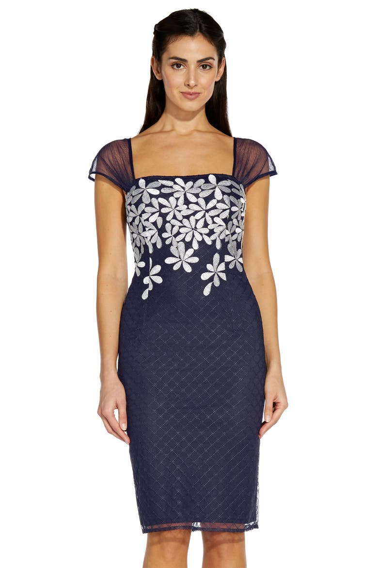 Metallic Floral Embroidered Cocktail Sheath Dress, Alternate, color, NAVY/ IVORY