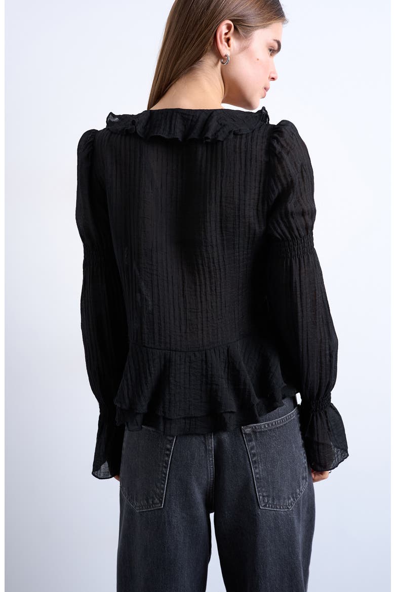Ruffle Tie Front Long Sleeve Crop Top, Alternate, color, BLACK