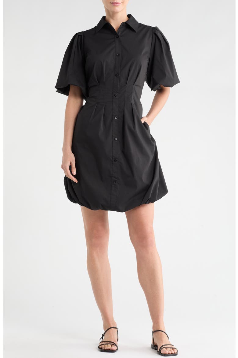 Puff Sleeve Bubble Hem Shirtdress, Main, color, BLACK