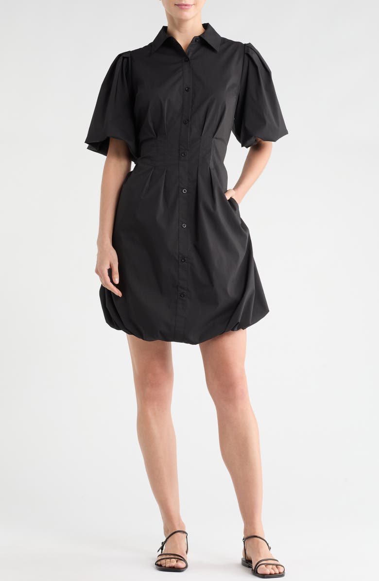 Love By Design Puff Sleeve Bubble Hem Shirtdress, Main, color, Black