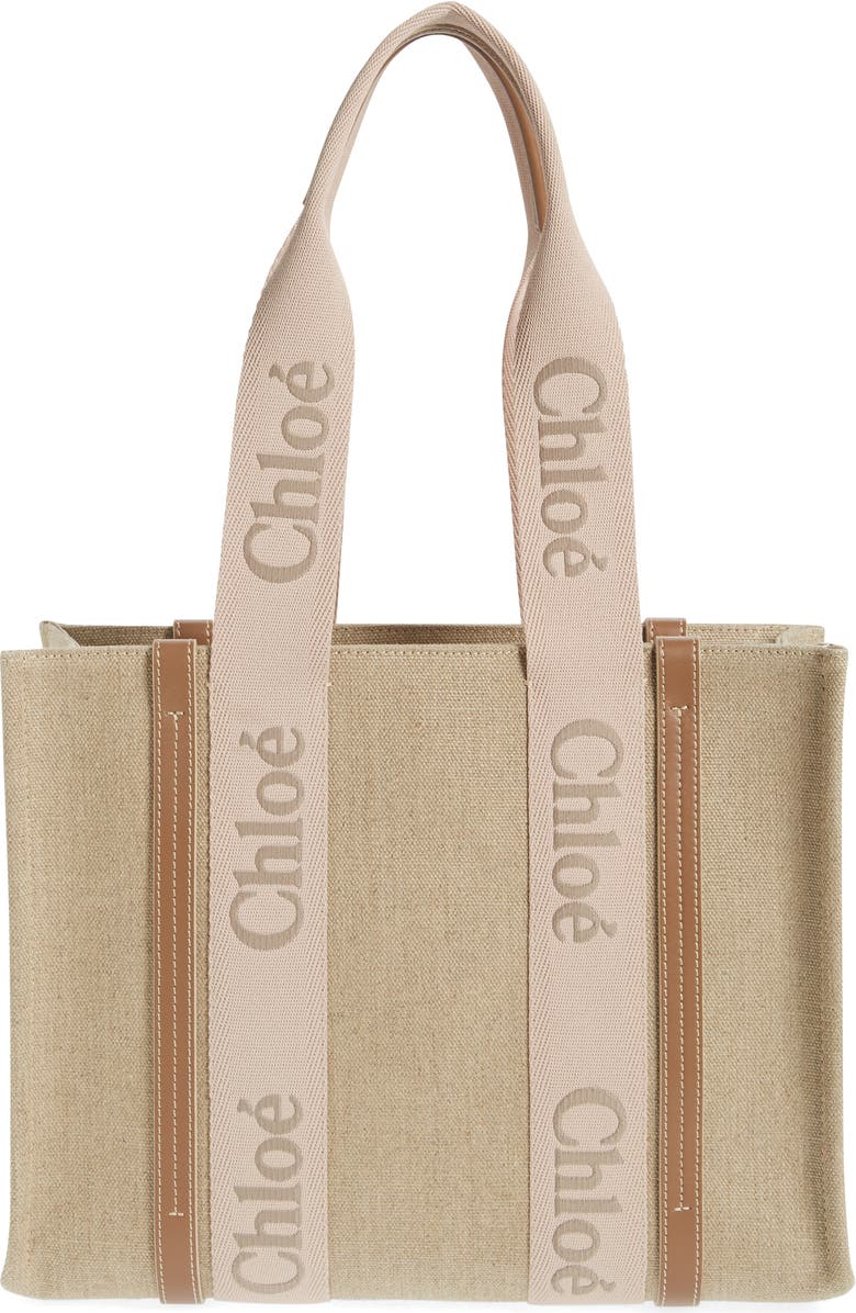 Chloé Medium Woody Linen Canvas Tote, Main, color, Blushy Beige